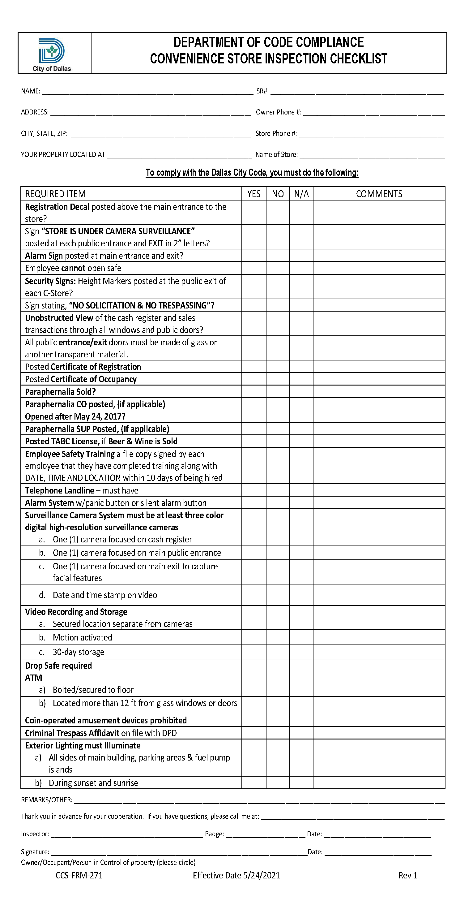 CCS-FRM-271 Department of Code Compliance Convenience Store Inspection Checklist.png