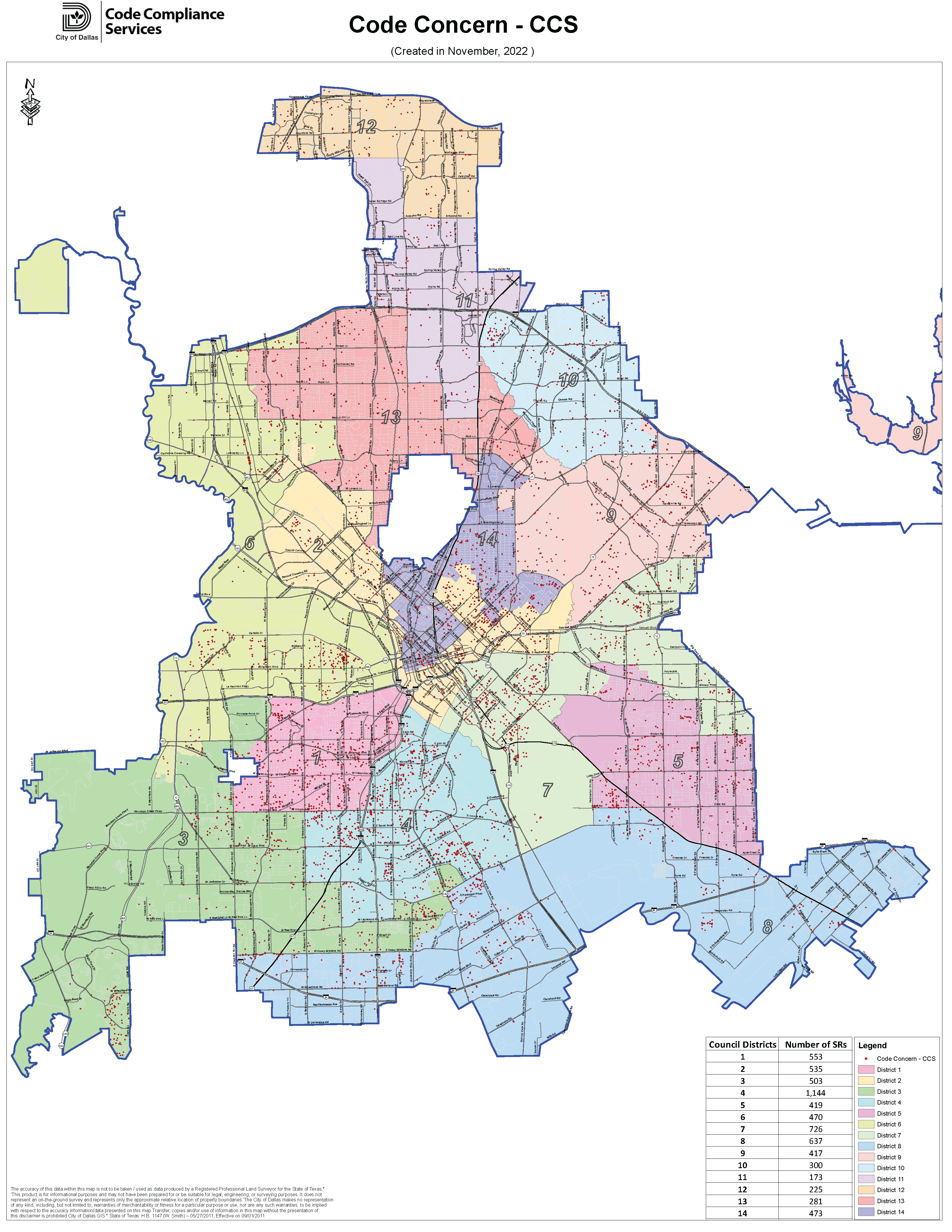 City of Dallas Code Concern Service Request Ponit Map for November 2022.png
