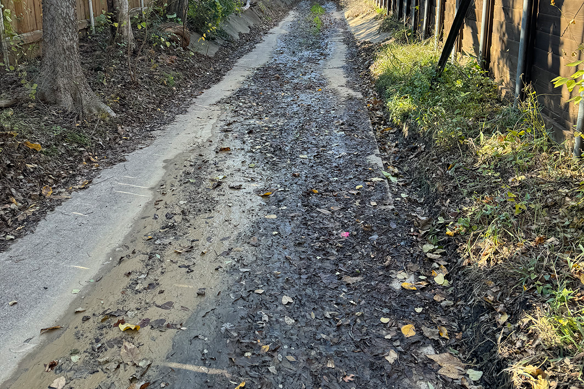 Narrow alley with limited clearance for a collection truck and crew.