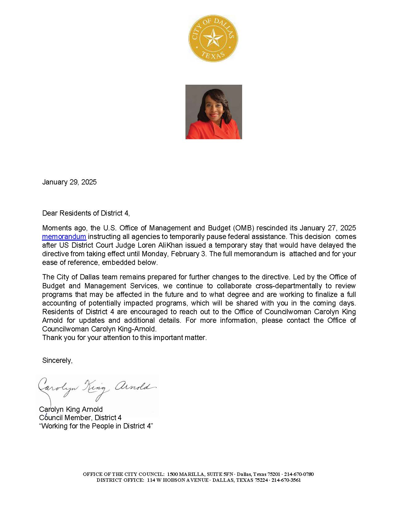 Letter to District 4 Residents 0129.25 - President Has Rescinded the Federal Grants and Funding.jpg