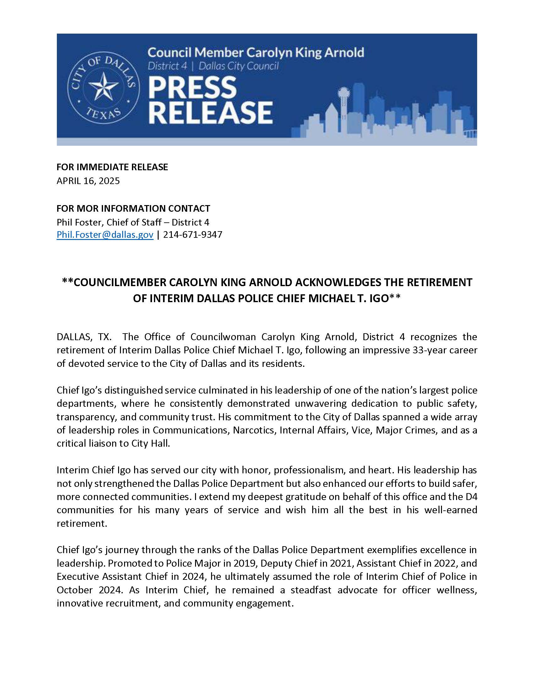 Press Release - CM CKA ACKNOWLEDGES THE RETIREMENT OF INTERIM DALLAS POLICE CHIEF MICHAEL T. IGOv1.jpg